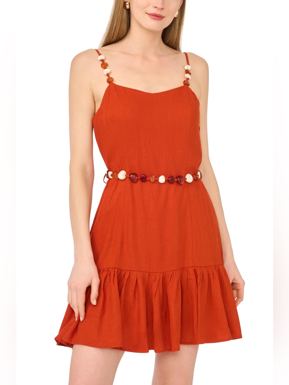 1. State Orange Belted Tiered Dress